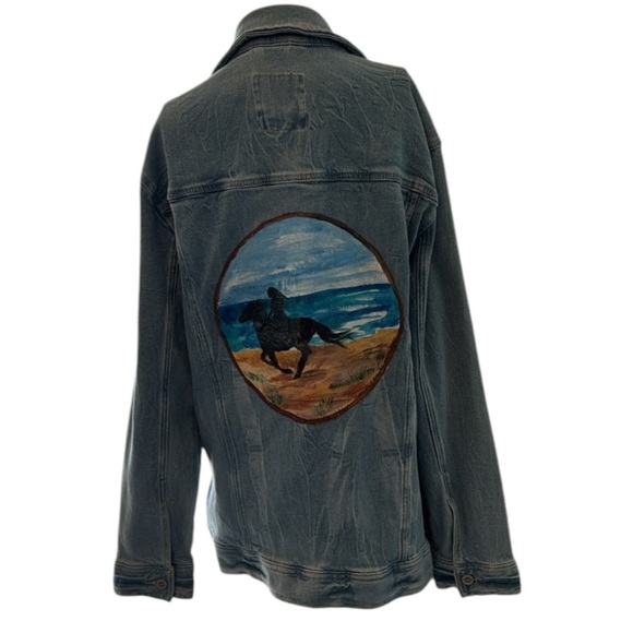 Upcycled Hollister Painted Horse Scene Distressed Denim Trucker Jacket Size M - Picture 11 of 12